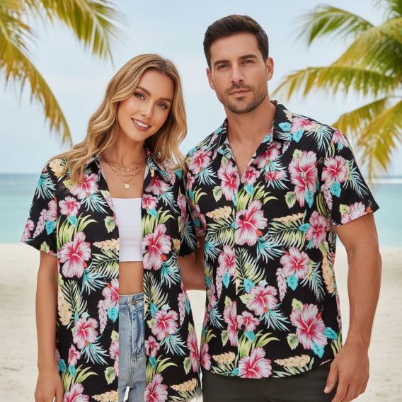 Woman modeling Hawaiian shirt with beach vacation theme in tropical resort-style outdoor environment