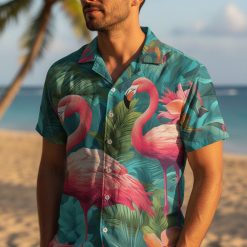 Multiple Hawaiian shirts with pink flamingos displayed side by side showing different theme variations and design options