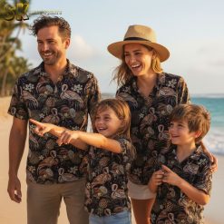 Birds tropical Hawaiian shirt collection showcase featuring various flamingo designs and color options