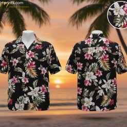 Black Hawaiian shirt with pink flowers men's tropical button up shirt for summer vacation