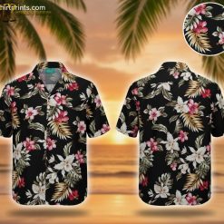 Black Hawaiian shirt with pink flowers mens tropical button up vacation wear