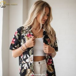 Blue Hawaiian shirt with pink flowers size chart specifications mens tropical shirt