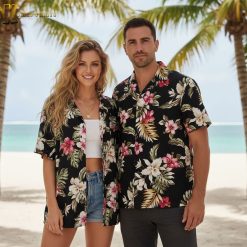 Blue Hawaiian shirt with pink flowers men's beach vacation tropical button up shirt