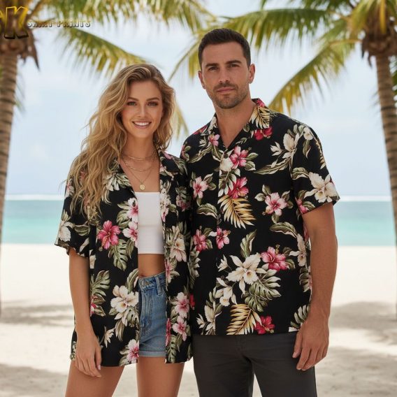 Blue Hawaiian shirt with pink flowers men's beach vacation tropical button up shirt