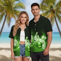 Male model wearing bowling themed aloha shirt with personalized design in outdoor setting