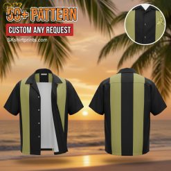 Male model wearing tiki print bowling Hawaiian shirt in casual lifestyle setting