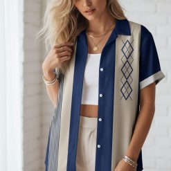 Size chart infographic showing Hawaiian bowling shirt measurements, fabric details, and care instructions