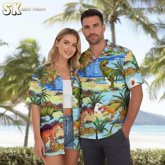 Button down dinosaur shirt in adult sizing showing detailed dinosaur fossil and skeleton prints