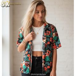 Size chart and measurements for button down dinosaur shirt showing fit specifications