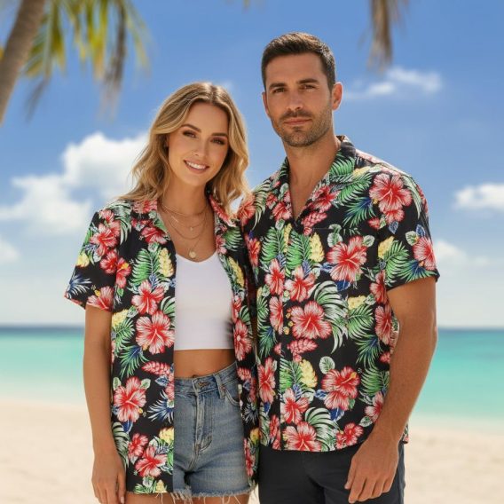Woman in casual Hawaiian shirt with tropical motifs, relaxed standing pose in natural outdoor setting