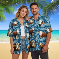 Man in casual setting wearing mens cow print shirt Aloha style with shorts and sandals