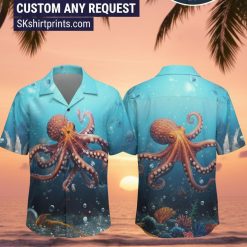 Man wearing octopus pattern Hawaiian shirt in casual lifestyle setting with tropical background
