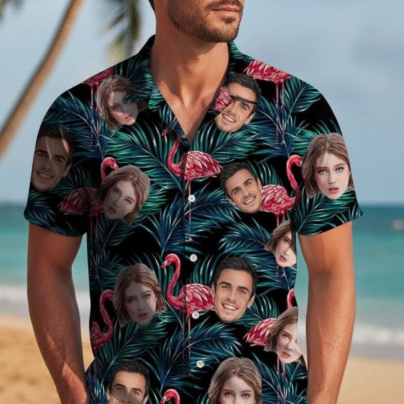 Multiple funny Hawaiian shirt designs displayed side by side showing various colorful patterns