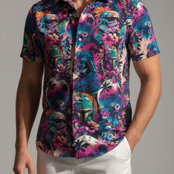 Man modeling brown Chewbacca Hawaiian shirt with tropical Wookiee pattern against beach vacation backdrop