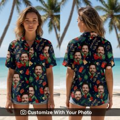 Woman wearing Christmas Hawaiian shirt with festive face print and holiday decorations