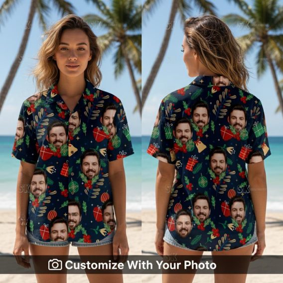 Woman wearing Christmas Hawaiian shirt with festive face print and holiday decorations