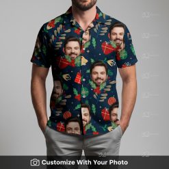 Man in festive Christmas Hawaiian shirt with holiday ornaments and face pattern