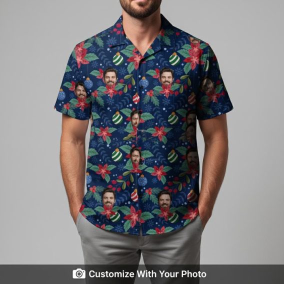 Man wearing Festive Christmas Hawaiian shirt with green leaves and ornaments for holidays