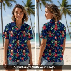 Woman wearing Festive Christmas Hawaiian shirt with red flowers and green leaves outdoors