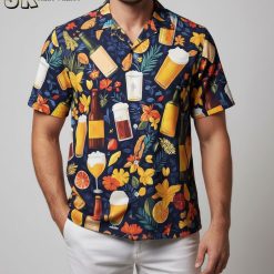 Cocktail Hawaiian shirt with beer glasses and tropical fruit illustrations in warm orange and yellow tones