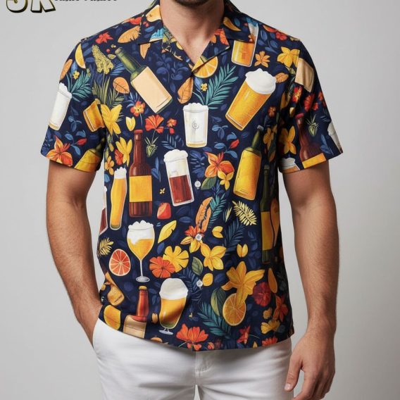 Cocktail Hawaiian shirt with beer glasses and tropical fruit illustrations in warm orange and yellow tones