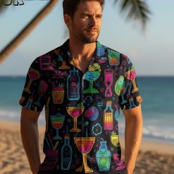 Multiple cocktail Hawaiian shirt designs displayed side by side showing various drink theme patterns