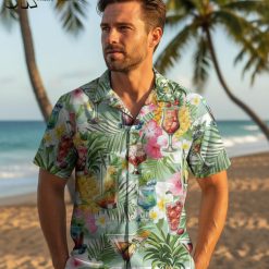 Multiple cocktail Hawaiian shirt designs displayed side by side showing various tropical drink patterns