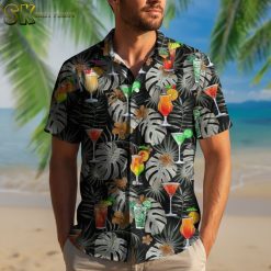 Multiple cocktail-themed Aloha shirt designs displayed side by side showing different drink patterns and colors