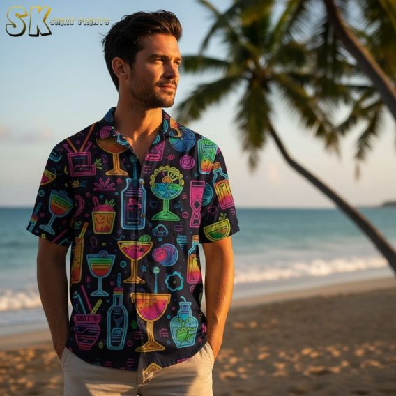 Collection overview showing multiple cocktail Aloha shirt designs with different drink patterns displayed side by side