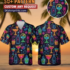 Man wearing cocktail print Hawaiian shirt with tropical drink graphics in lifestyle setting