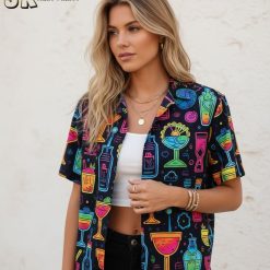 Size chart and fabric specifications infographic for cocktail Hawaiian shirt with measurement details