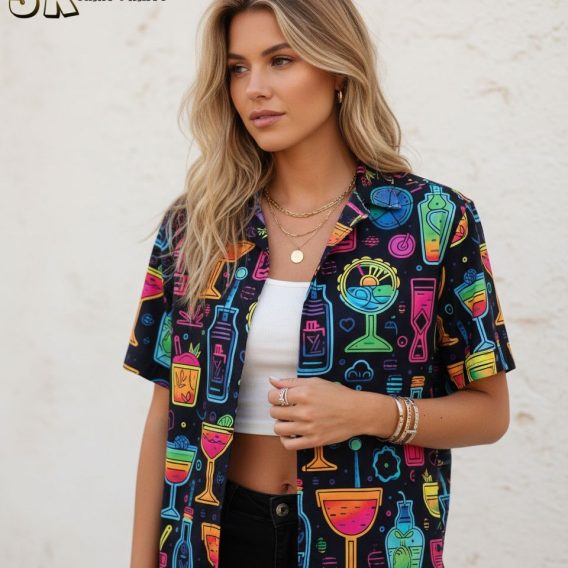 Size chart and fabric specifications infographic for cocktail Hawaiian shirt with measurement details