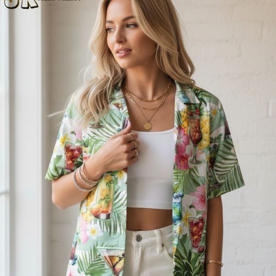 Size chart infographic showing cocktail Hawaiian shirt measurements, fabric details, and feature callouts