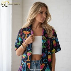 Size chart and fabric specifications infographic for cocktail Hawaiian shirt showing measurements and care instructions