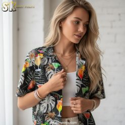 Size chart and fabric details infographic showing cocktail Hawaiian shirt measurements and material specs