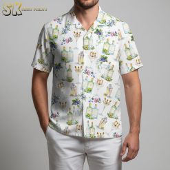 Cocktail Hawaiian shirt with colorful tropical drinks pattern featuring martini glasses and bottle illustrations