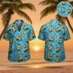 Cocktail Hawaiian shirt featuring pin-up girls in swimsuits with tropical cocktails and flowers on colorful background