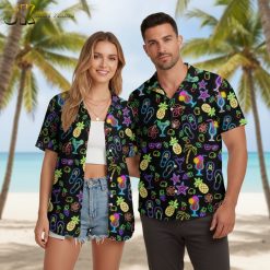Cocktail Hawaiian shirt featuring tropical bar drinks, palm trees, and summer icons