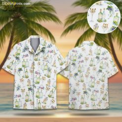 Men's cocktail shirts featuring tropical drink pattern with bottles and glasses on Hawaiian style button up shirt