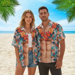 Older gentleman wearing novelty Hawaiian shirt with joke graphics, laughing while grilling at backyard party