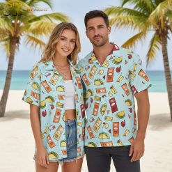 Model showcasing novelty comedy Hawaiian shirt in gift-giving themed lifestyle photo