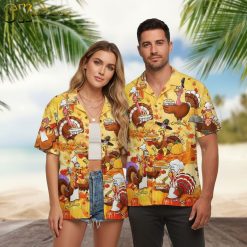 Tourist wearing comical Hawaiian shirt with funny vacation-themed graphics, tropical background