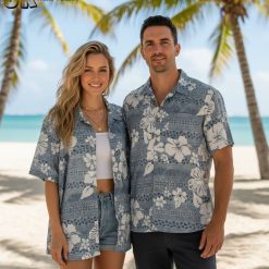 Male model showcasing cooke themed aloha shirt in beach resort atmosphere