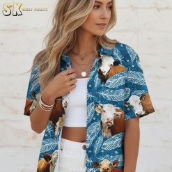 Size chart infographic showing cow print shirt men's measurements, fabric details, and care instructions