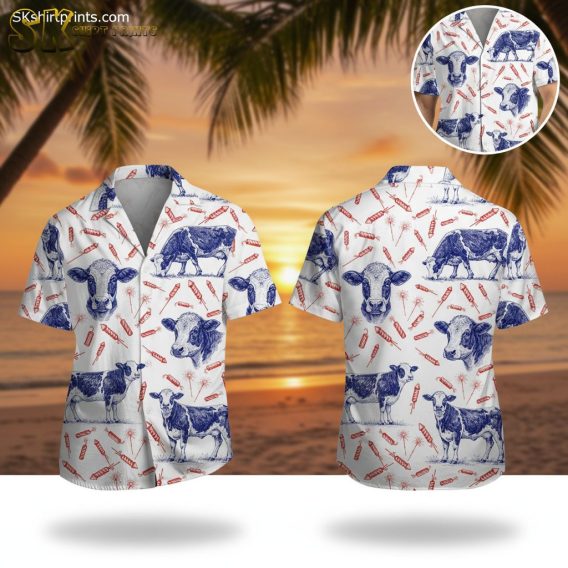 Blue cow print button down Hawaiian shirt with red fireworks design for men