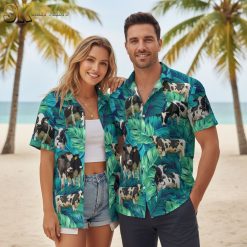 Cow print merch showing Hawaiian button up shirt with cows and tropical leaves pattern
