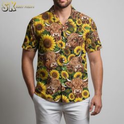 Cow print merch showing highland cattle with shaggy brown fur and sunflowers pattern