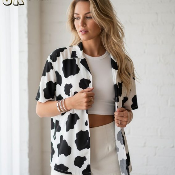 Specs infographic showing cowprint shirt Aloha style sizing chart and fabric details