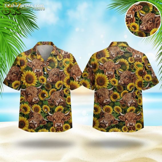 Cow print shirt mens featuring highland cattle heads and yellow sunflowers on green background