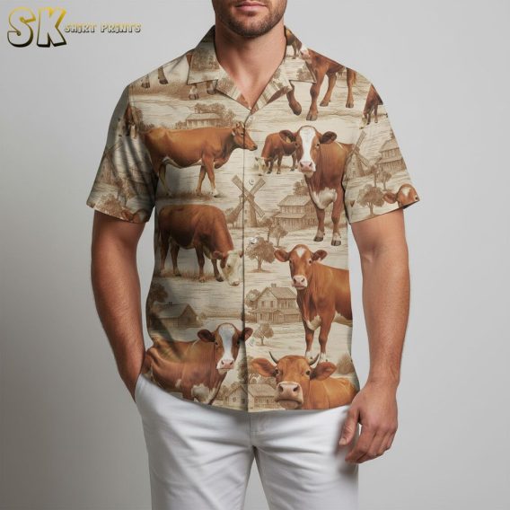 Hawaiian cow print shirts with farmhouse and windmill pattern in relaxed fit design